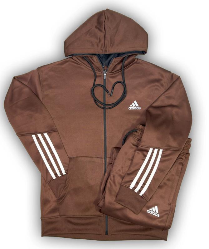 Brown Premium Poly Fleece Tracksuit With Three White Half Stripes – Adidas - Image 8