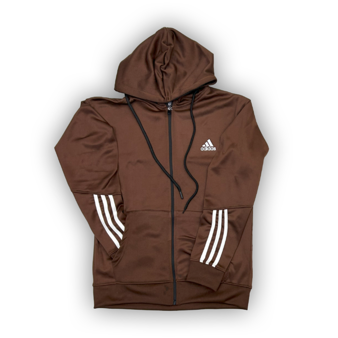 Brown Premium Poly Fleece Tracksuit With Three White Half Stripes – Adidas - Image 2