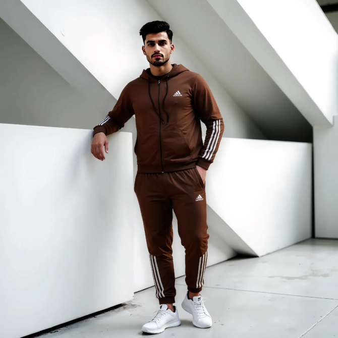 Brown Premium Poly Fleece Tracksuit With Three White Half Stripes – Adidas