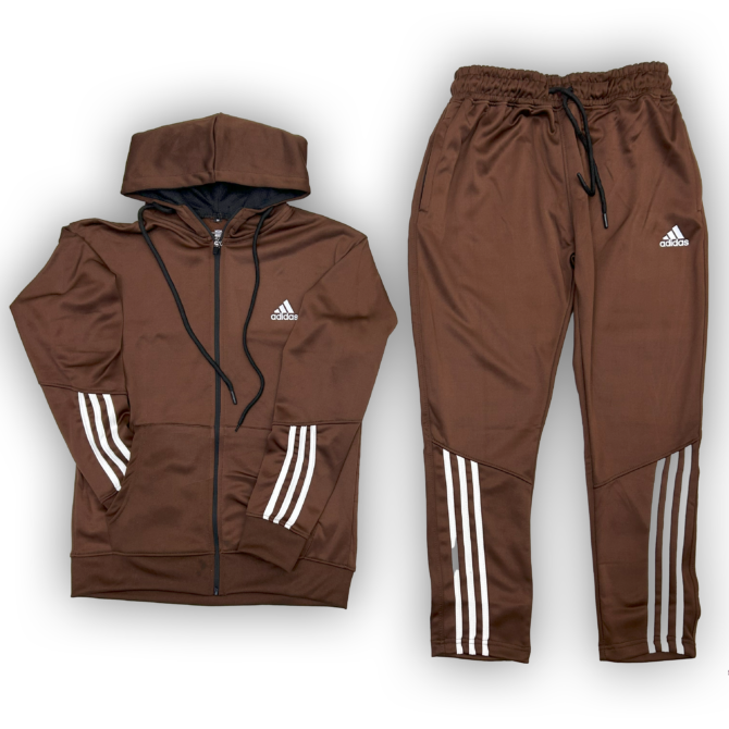 Brown Premium Poly Fleece Tracksuit With Three White Half Stripes – Adidas - Image 5