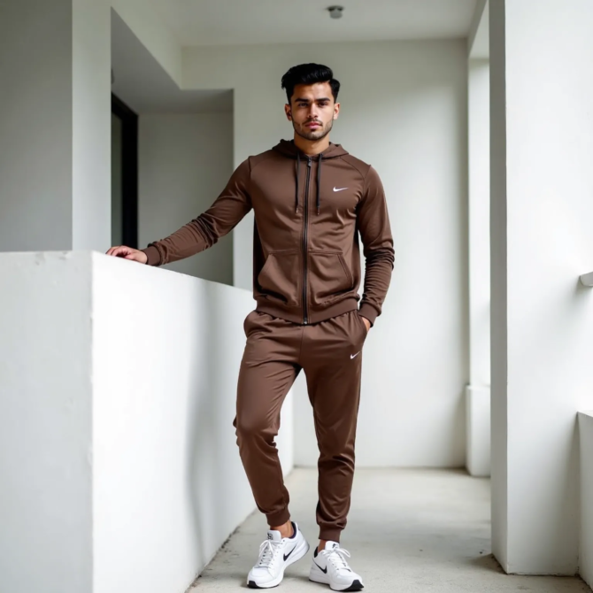 Brown Premium Poly Fleece Tracksuit with Two White Stripes – Nike